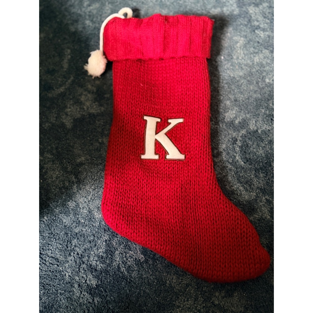 Letter "K" Christmas Stocking Unisex‎ OS Red  Knit Pom-Pom